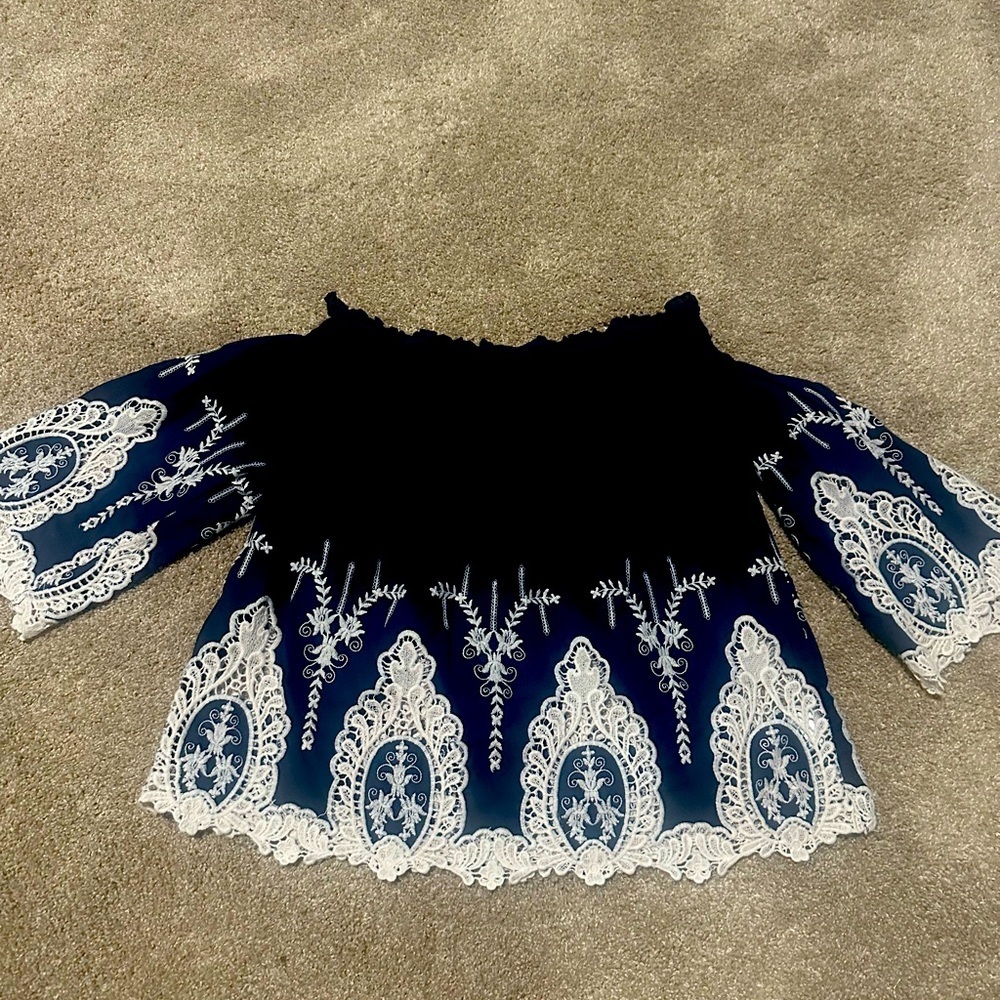 Bleuh Ciel Navy and White Lace Blouse